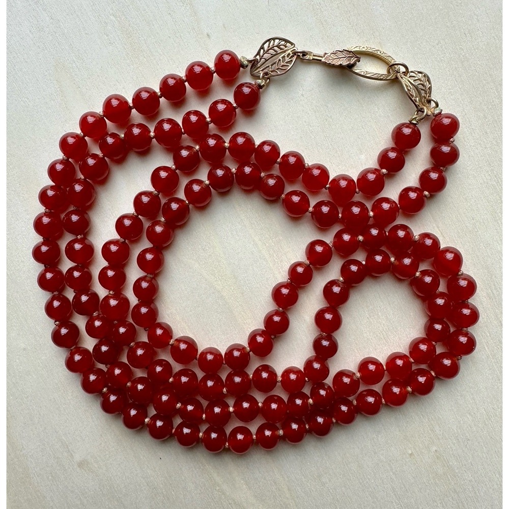 Vintage Double Strand Necklace 21 Inch Red Carnelian Agate Beads 72.6 grams